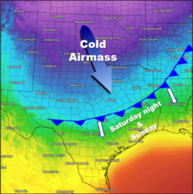 arctic blast showing fold front moving into the Houston region