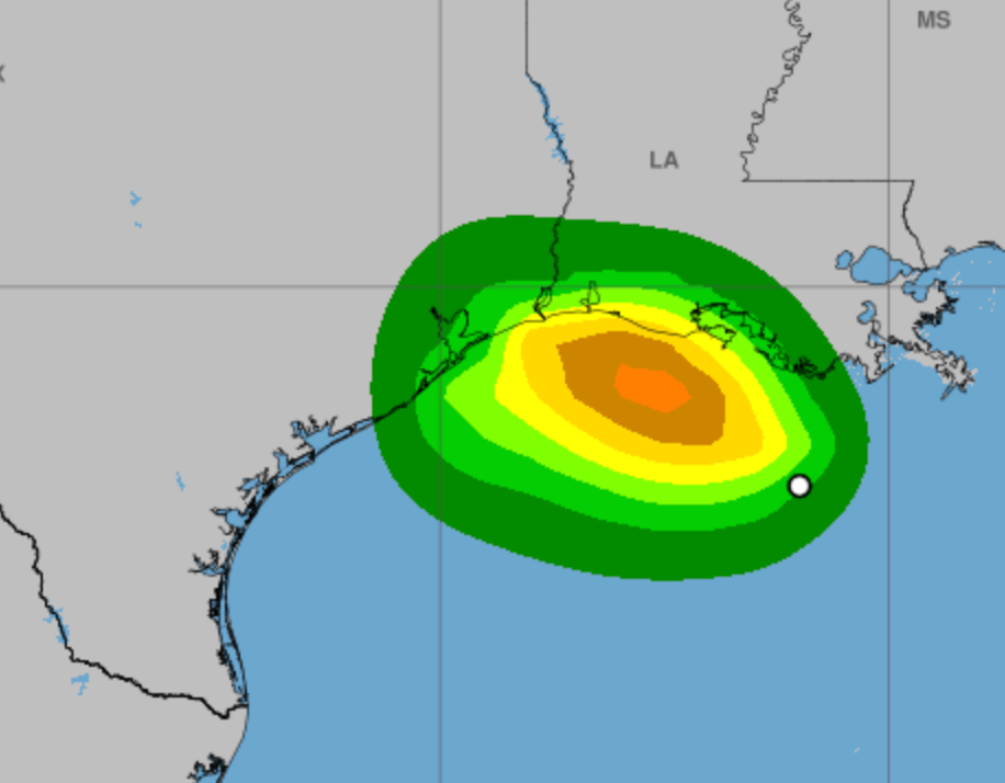 An image showing probability of tropical storm force winds with a low probability for Houston.